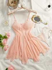 Pink Mesh Babydoll Dress with Satin Bow Accents and Adjustable Straps Lingerie