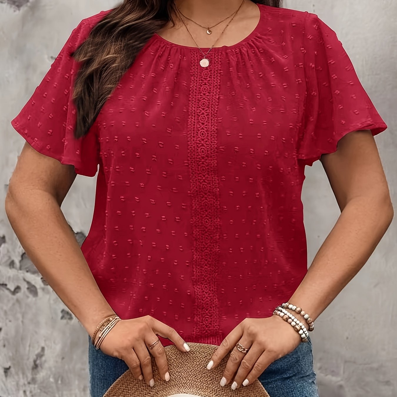 Plus Size Women's Smocked Blouse Black Short Sleeve Casual Formal Top