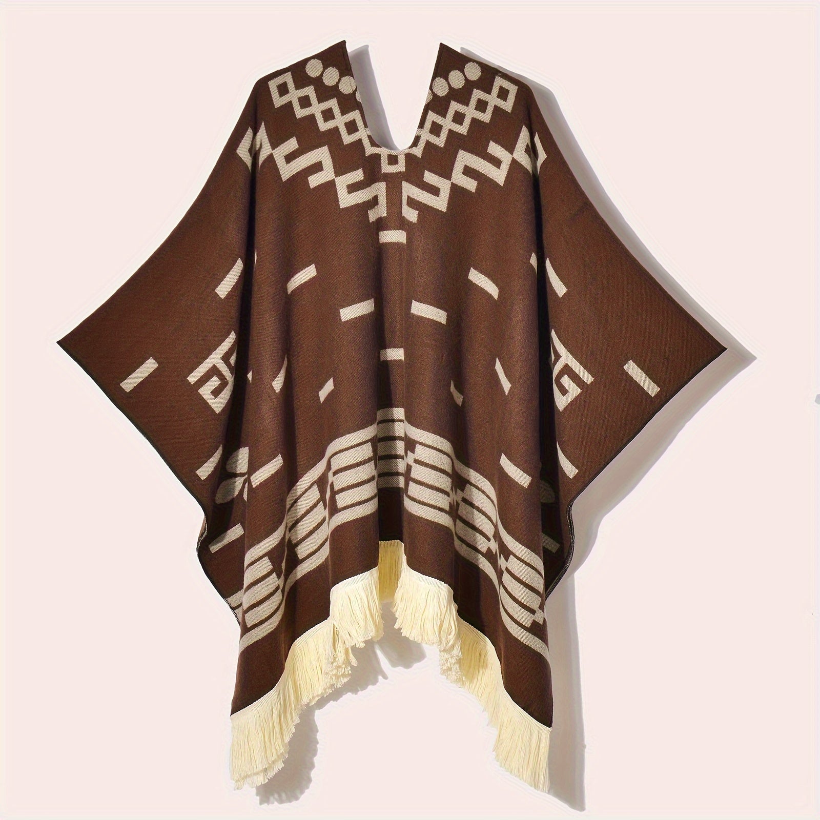 Men's Vintage Warm Poncho Acrylic Shawl with Geometric Pattern and Tassels