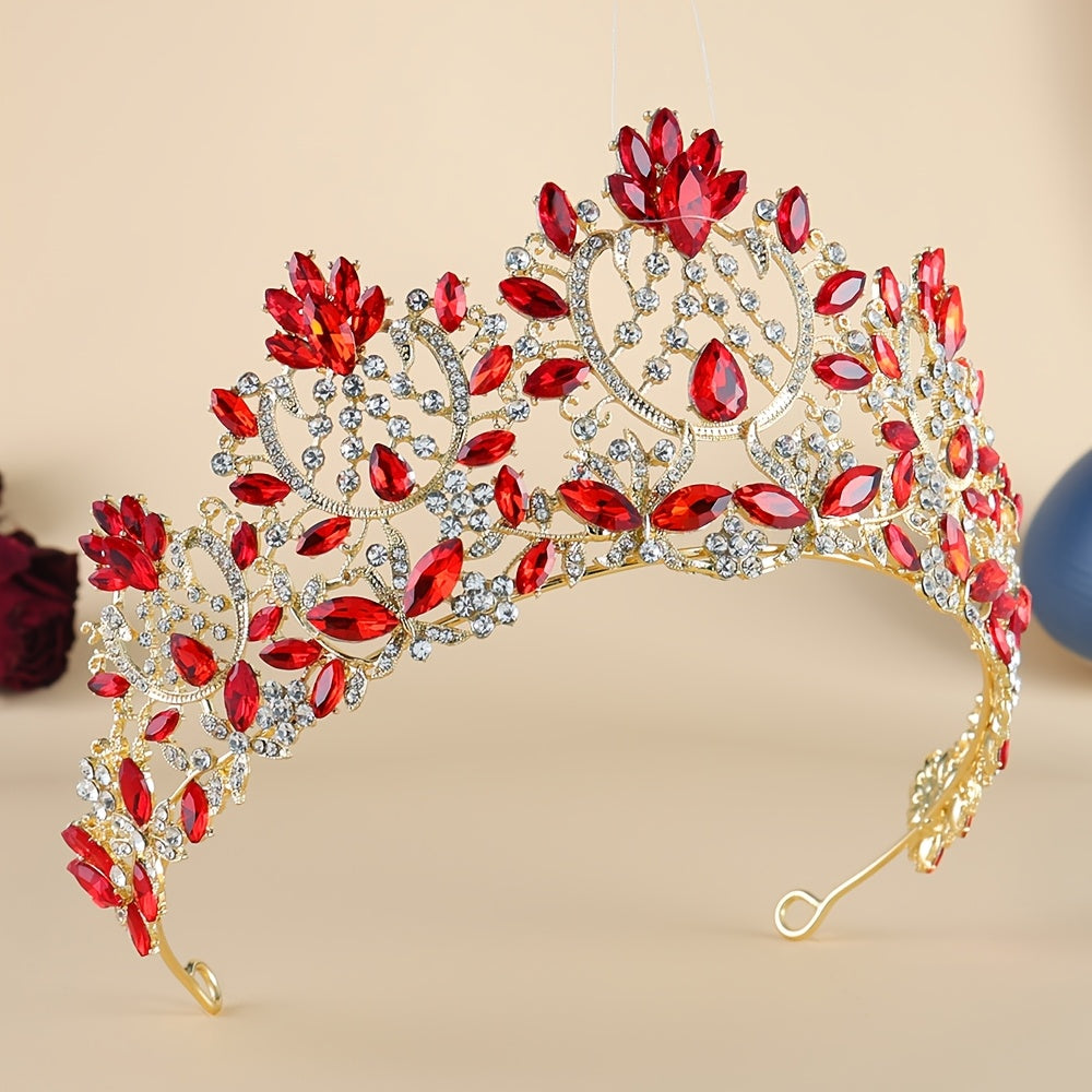 Red and Gold Crystal Tiara Headband for Weddings and Events Elegant Rhinestone Accessory