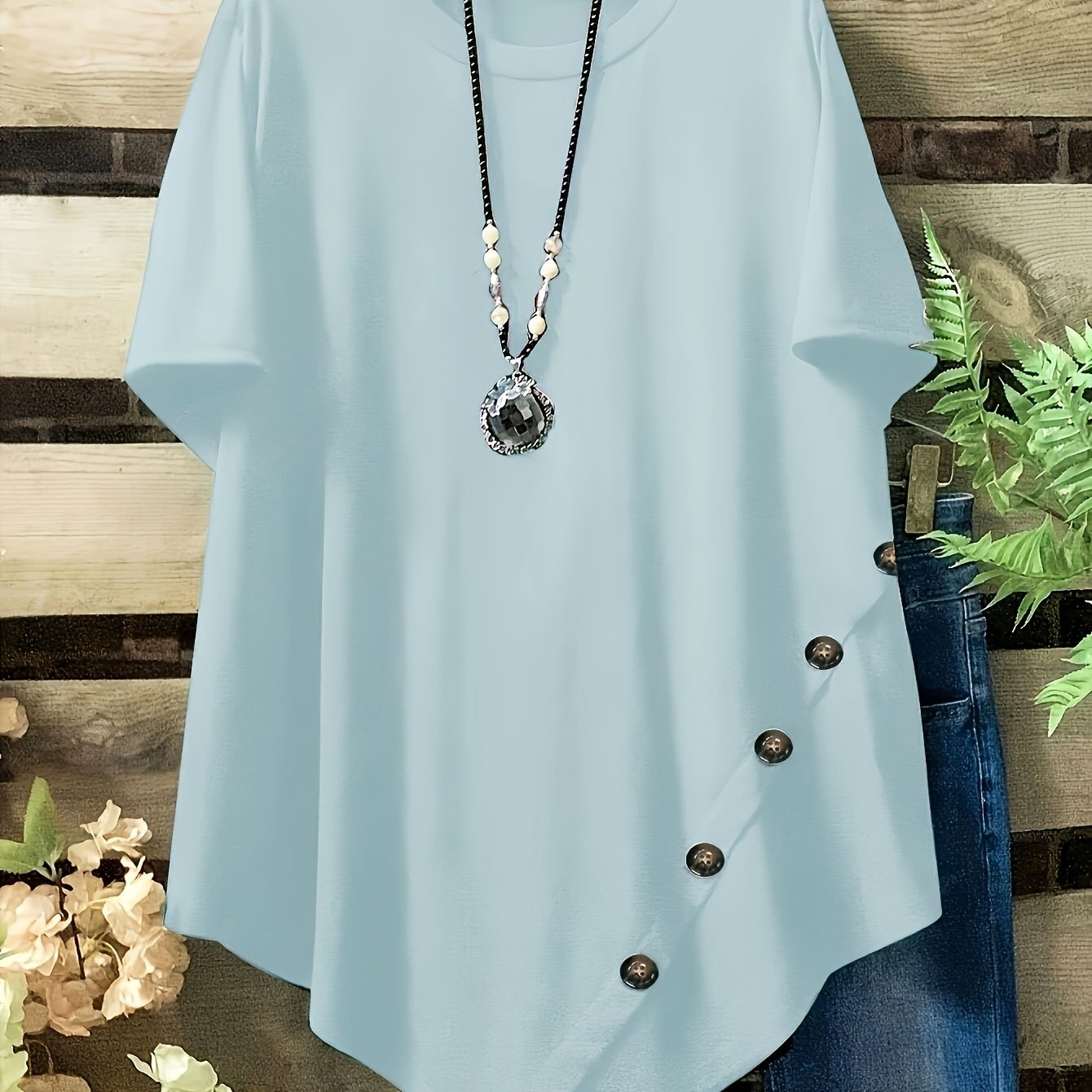 Plus o'lcham ayollar uchun erkin fit qisqa qollu futbolka yozgi kundalik yumshoq bo'yinli to'liq ko'k