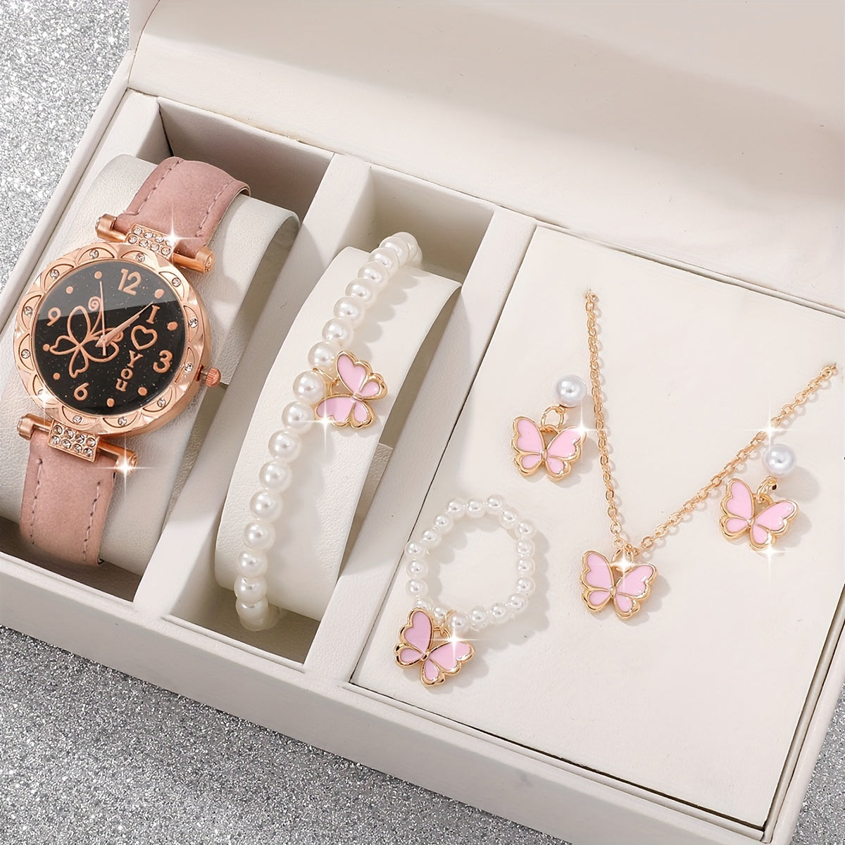 Women's Butterfly Themed Quartz Watch and Jewelry Set with 6 Pieces Zinc Alloy Case Leather Band
