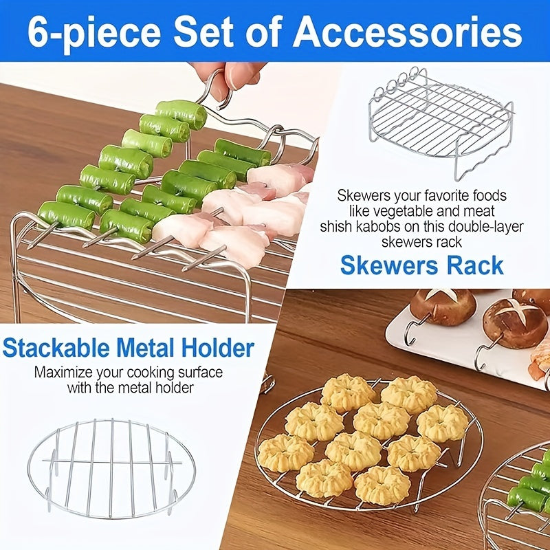 Stainless Steel Air Fryer Accessories Set with Double-Layer Grill Skewers Bread Rack and Steamer