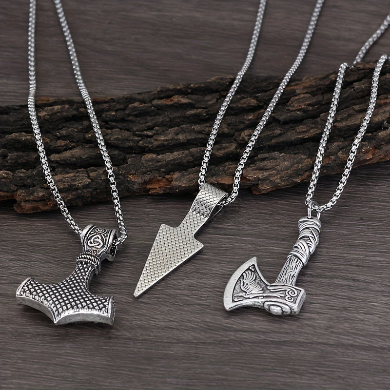 Men's Viking Necklace Set 3 Pieces with Hammer Compass Celtic Knot Wolf Axe Pendants