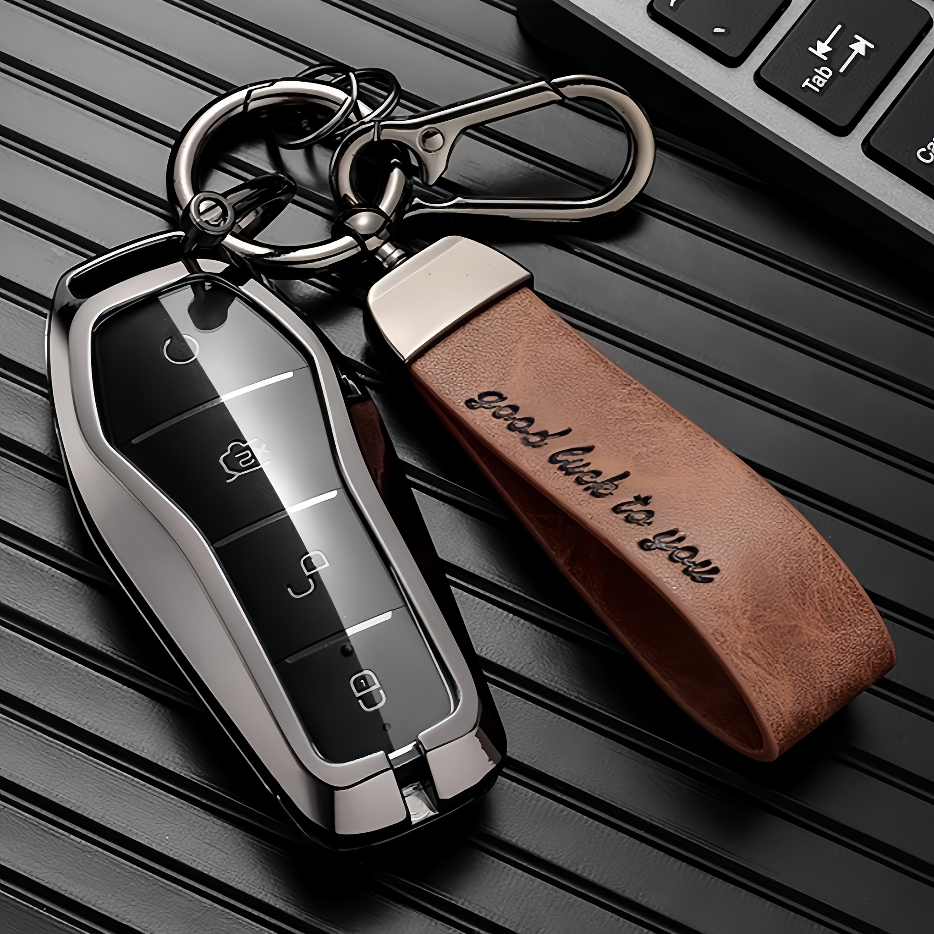 Men Women Leather Key Case and Keychain, Compact, Durable, Black