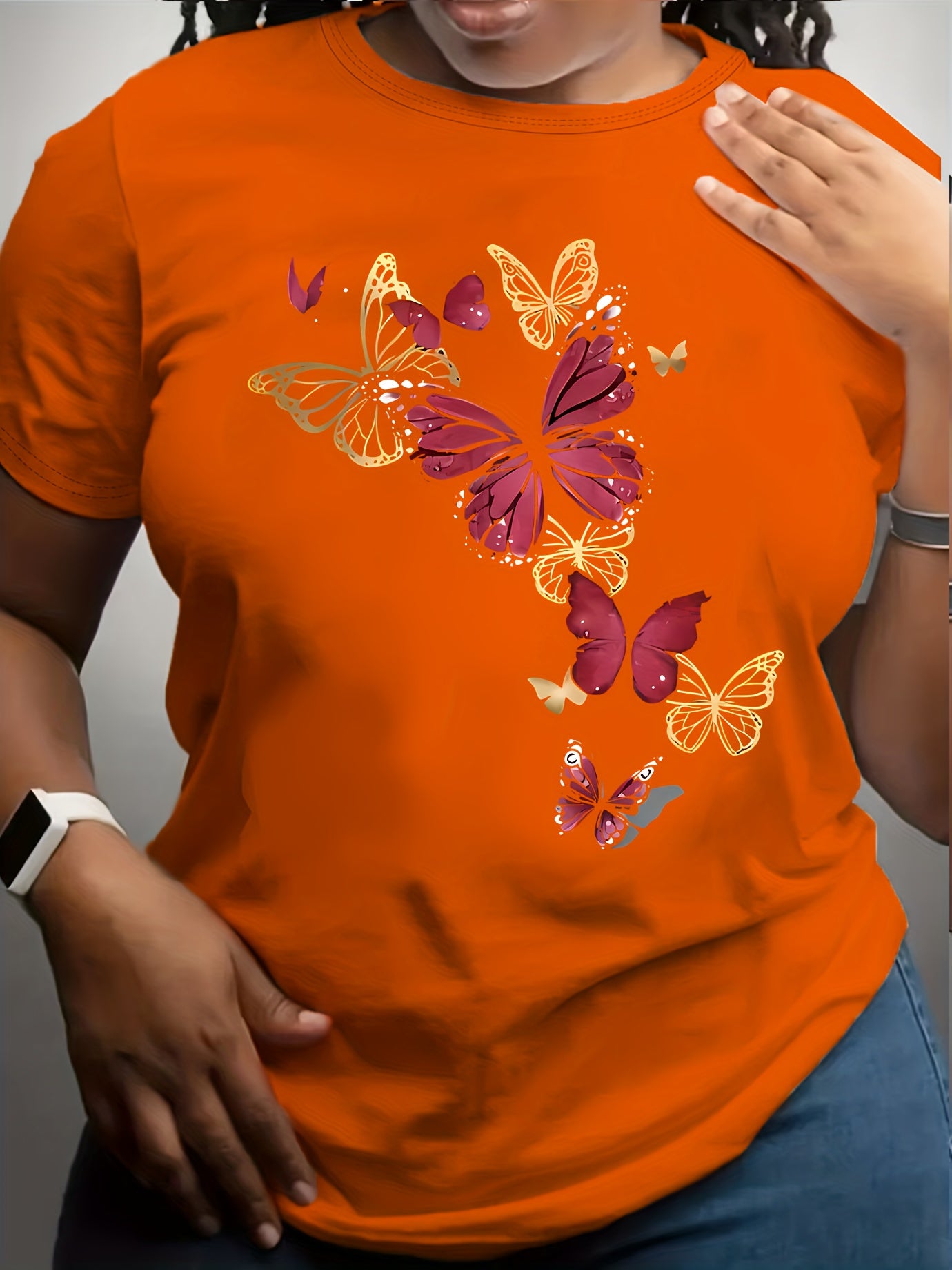 Women's Plus Size Casual Round Neck T-Shirt with Butterfly Print
