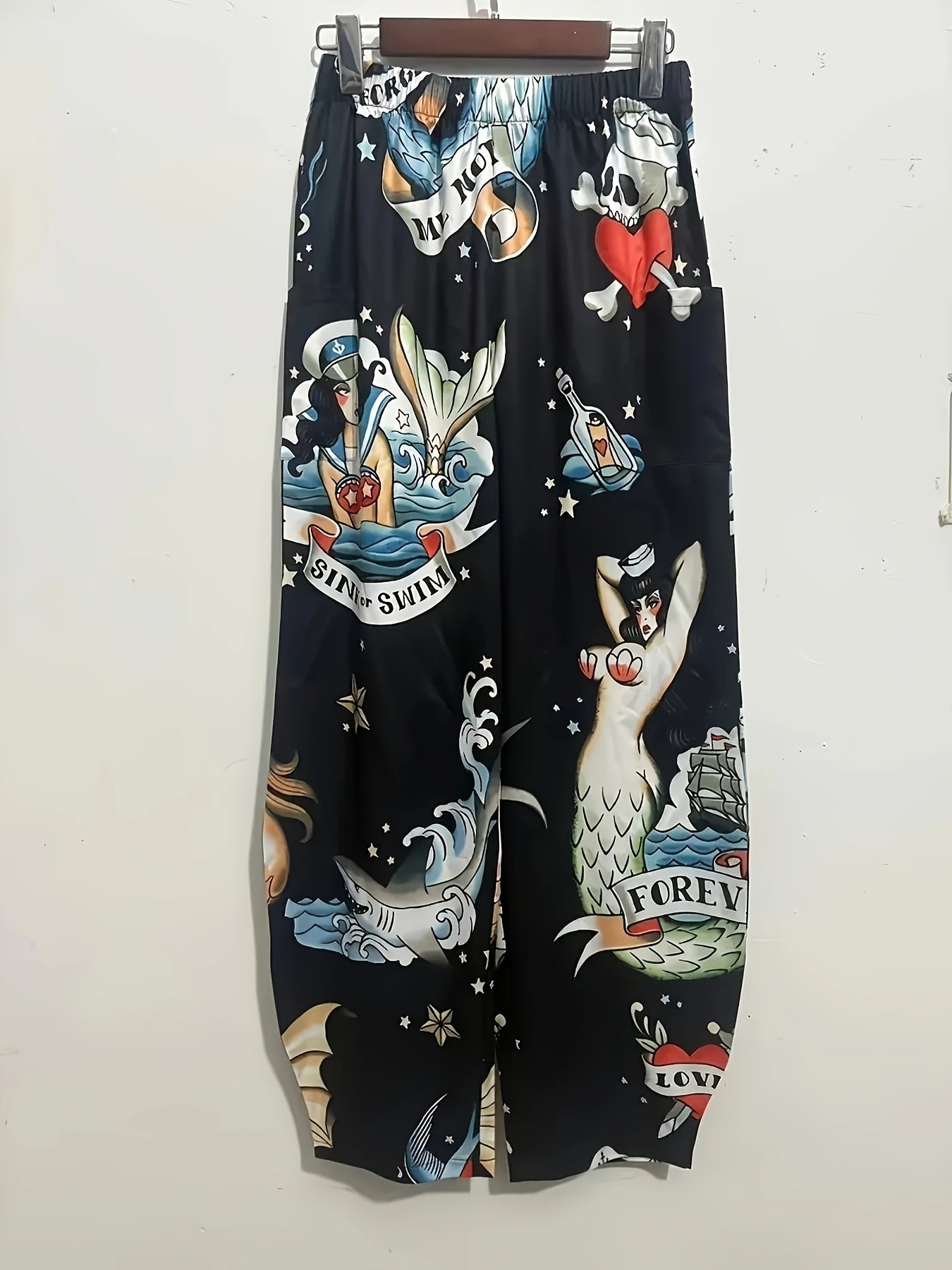 Plus Size Women's Polyester Knit Mermaid Print Wide Leg Pants with Pockets
