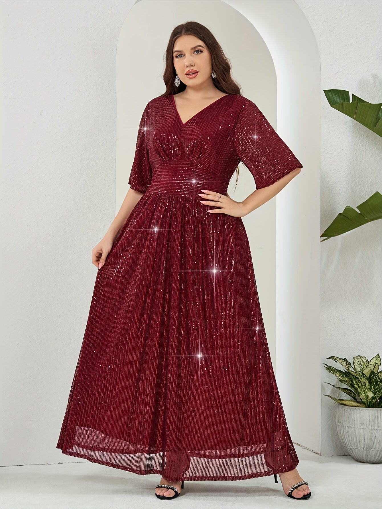 Plus Size Sequin V-Neck Maxi Dress with Half Sleeves and Zipper for All Seasons