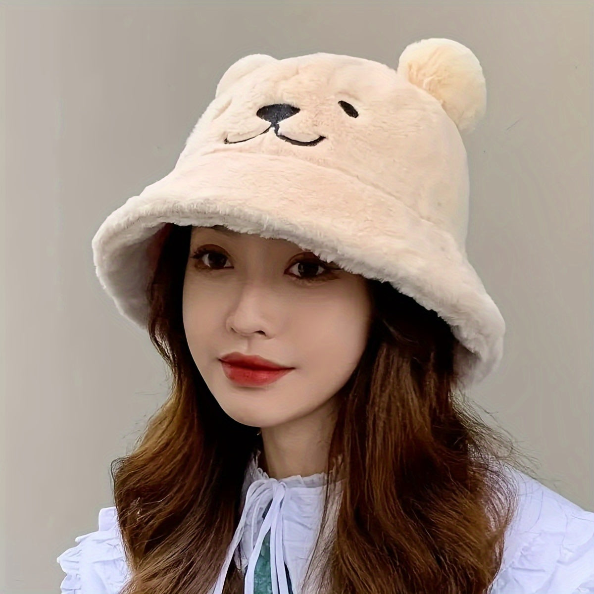 Women's Fuzzy Bucket Hat with Bear Embroidery Yellow White Cozy Winter Wear