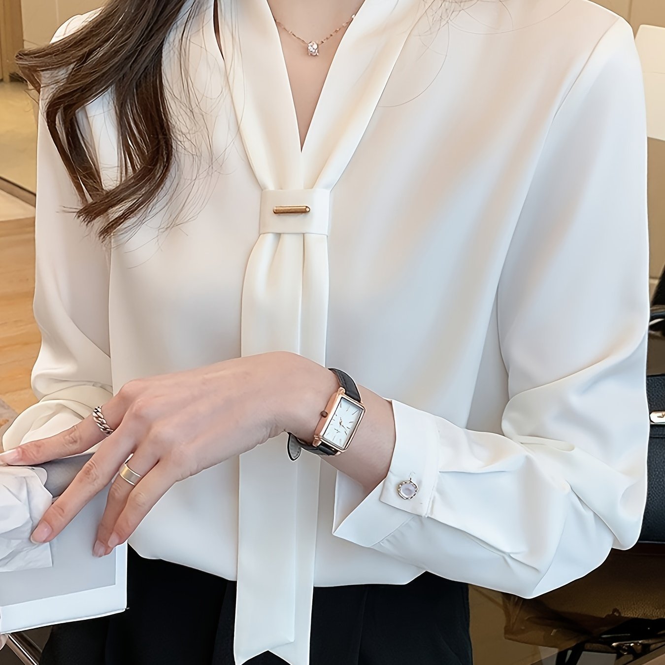 White Chiffon Blouse for Women Tie Neck Long Sleeve Solid Dressy Casual