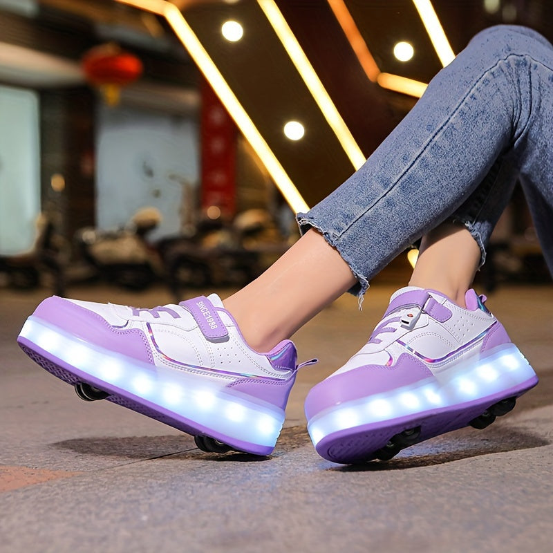 Girls LED Light-Up Roller Skates Purple White Adjustable Breathable Casual Outdoor