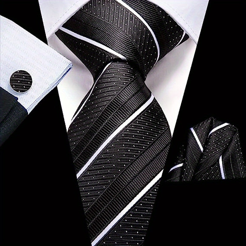 Men's Striped Necktie Cufflink Handkerchief Set for Business and Gifting