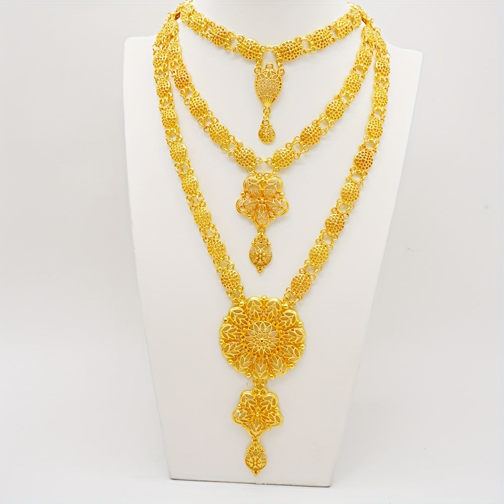 Vintage Bohemia Zinc Alloy Jewelry Set with Hollow Flower Necklace and Dangle Earrings