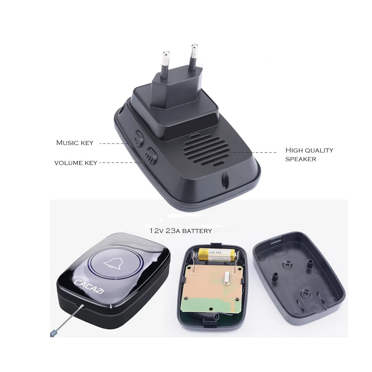 Wireless Home Doorbell with Plug-in Receiver 304.8m Range Adjustable 110dB Volume 60 Melodies LED Flashing Light European Plug