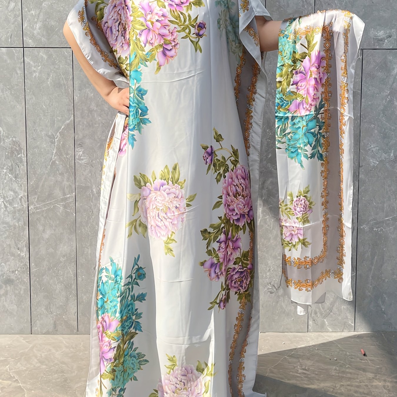 Plus Size Turkish Kafatan Robe with Scarf Floral Geometric Polyester