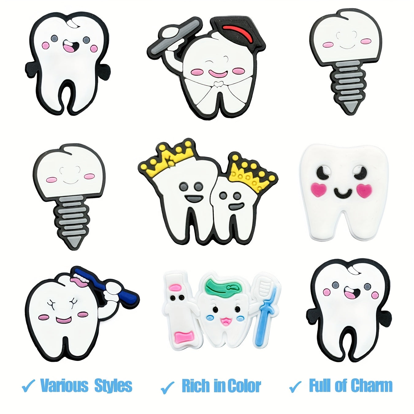 9pcs Cartoon Teeth Pins PVC Dental Design Hair Accessories Craft Items