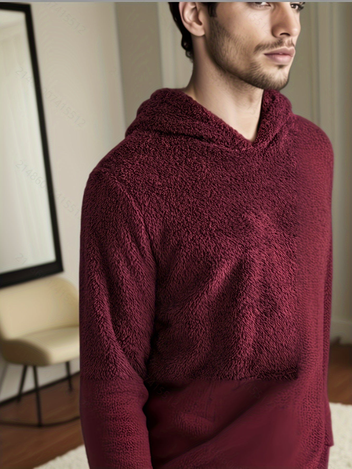 Qorong'u erkaklar uchun kapüşonli pijama to'plami, plush fleece materialidan tayyorlangan, cho'ntaklari bor va qishki uyqu kiyimlari uchun mashinada yuvilishi mumkin.