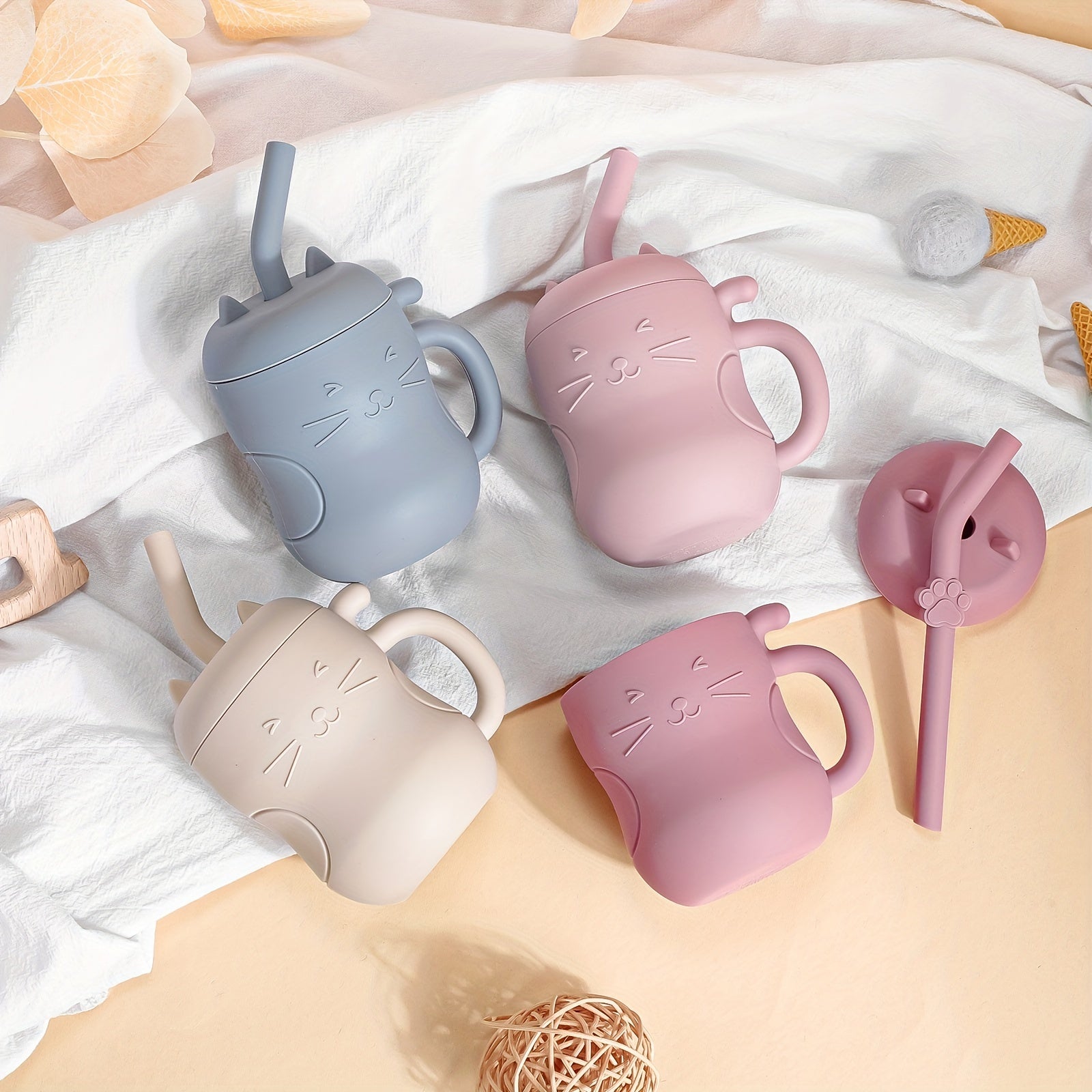 Kichkina bolalar uchun oziqlantirish kubogi Kawaii Cat, suyuqlik o'tkazmaydigan, BPAsiz, quvurlar va to'xtatuvchi bilan