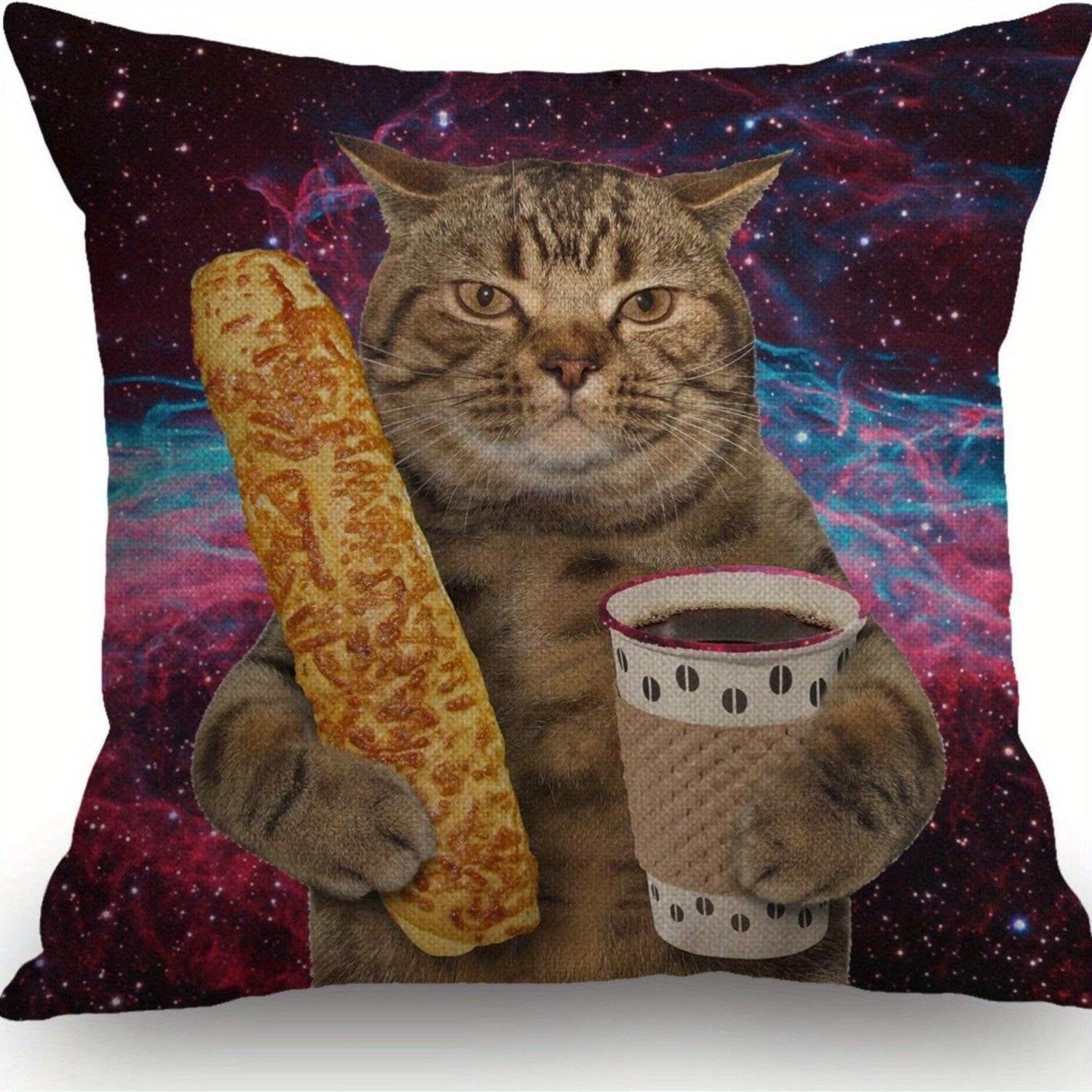 Galaxy Cat Decorative Throw Pillow Cover 45cm Square Funny Feline Baguette Coffee