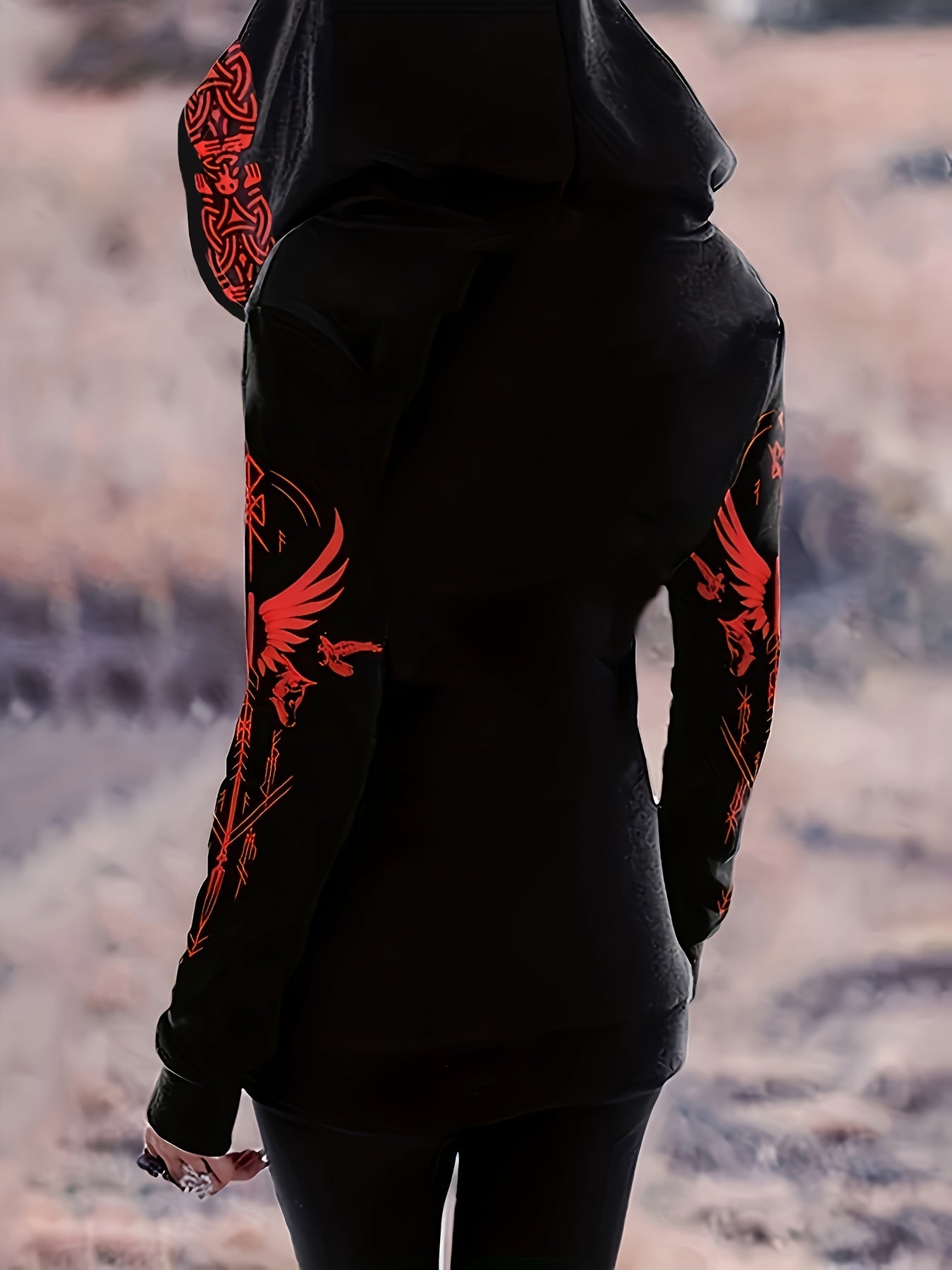 Women's Black Gothic Print Zip-Up Hoodie Long Sleeve All-Season Sweater
