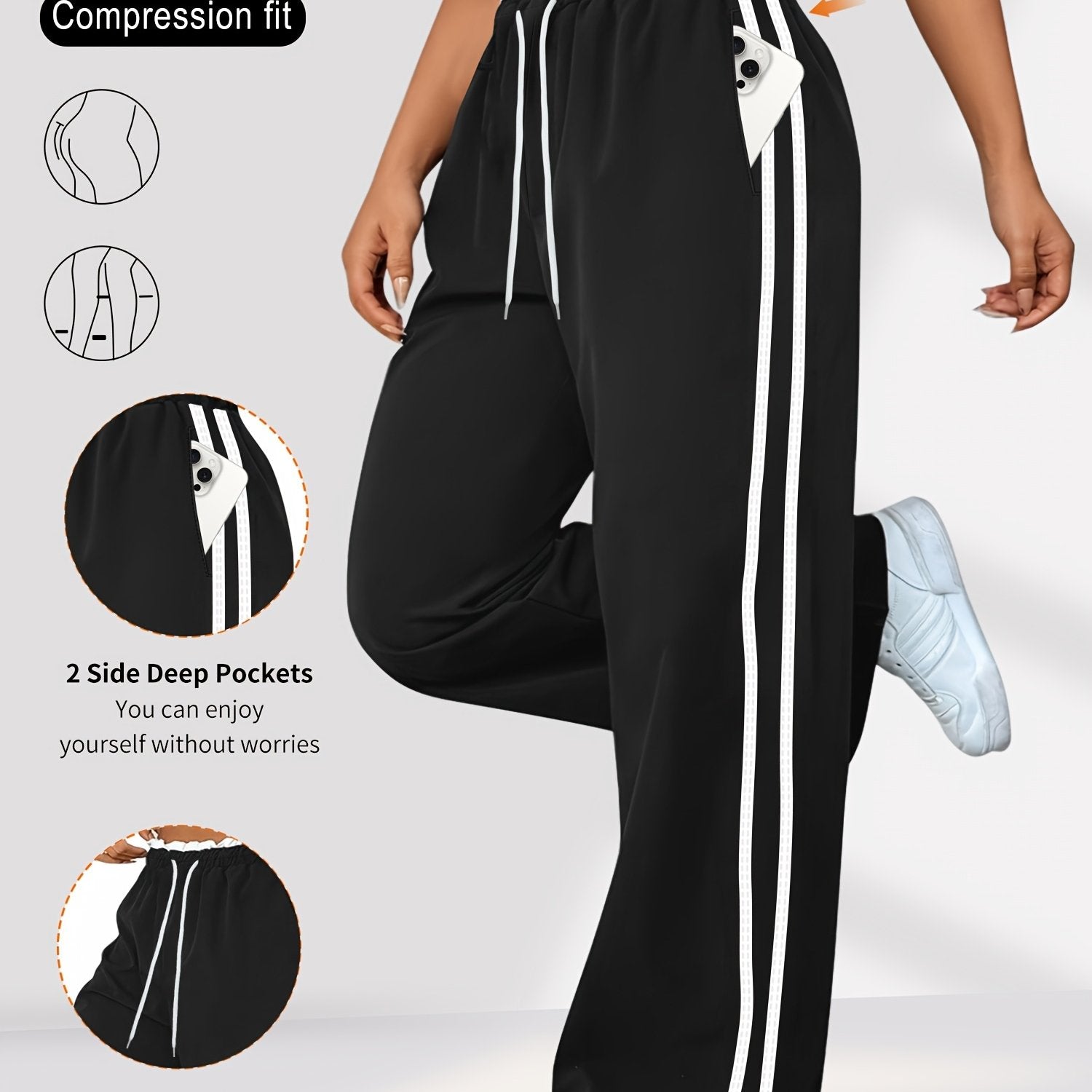 Pantalones casual de mujer de talla grande con cintura alta, rayas laterales y cordón ajustable