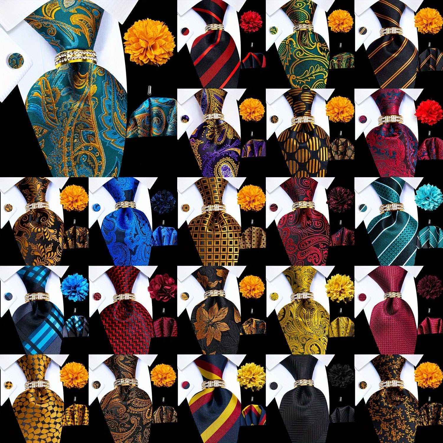 Men's Formal Tie Set with Pocket Square Cufflinks Tie Clip Lapel Pin and Ring for Weddings and Occasions