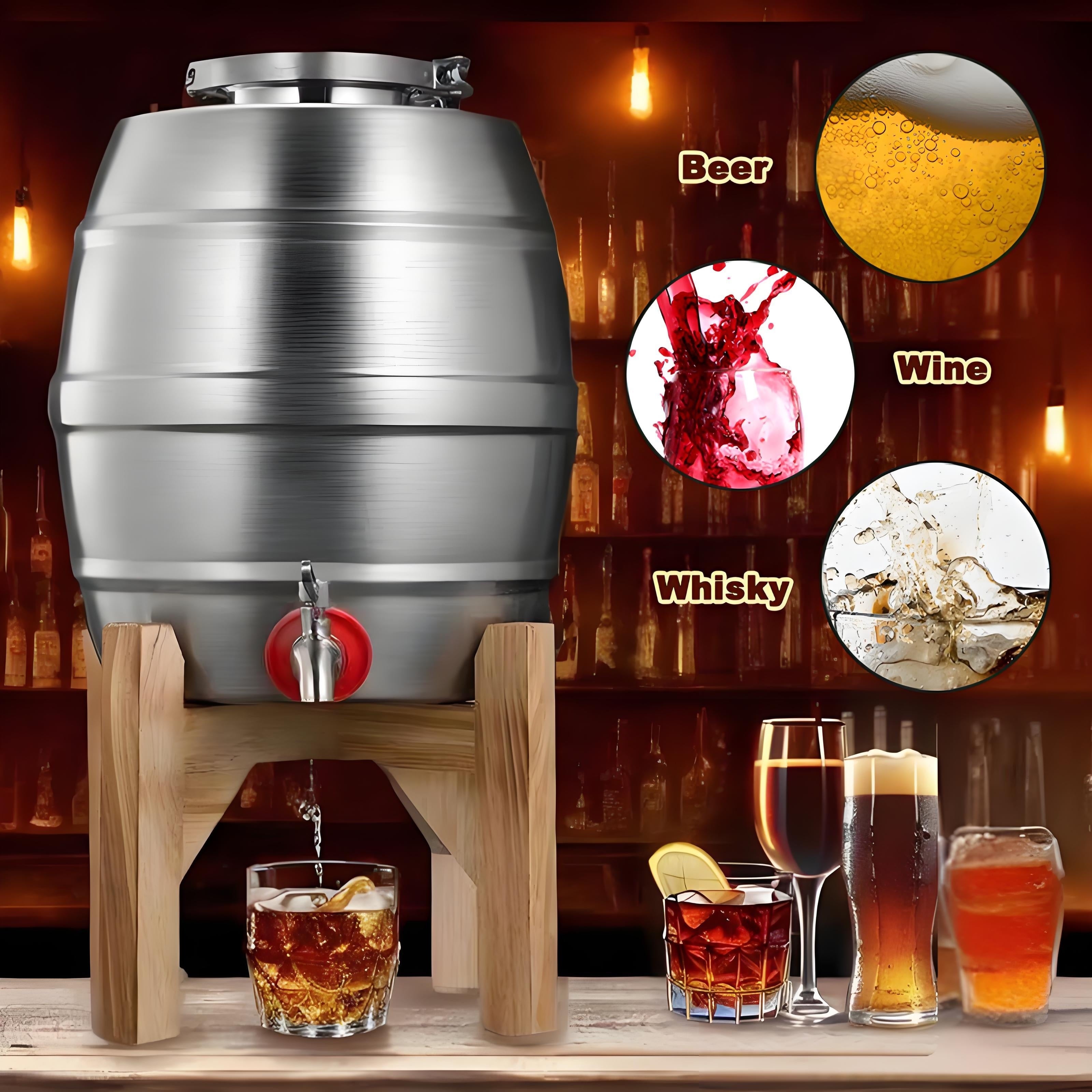 5L Stainless Steel Oval Wine Barrel with Tap Wooden Stand and Lock for Liquor Storage