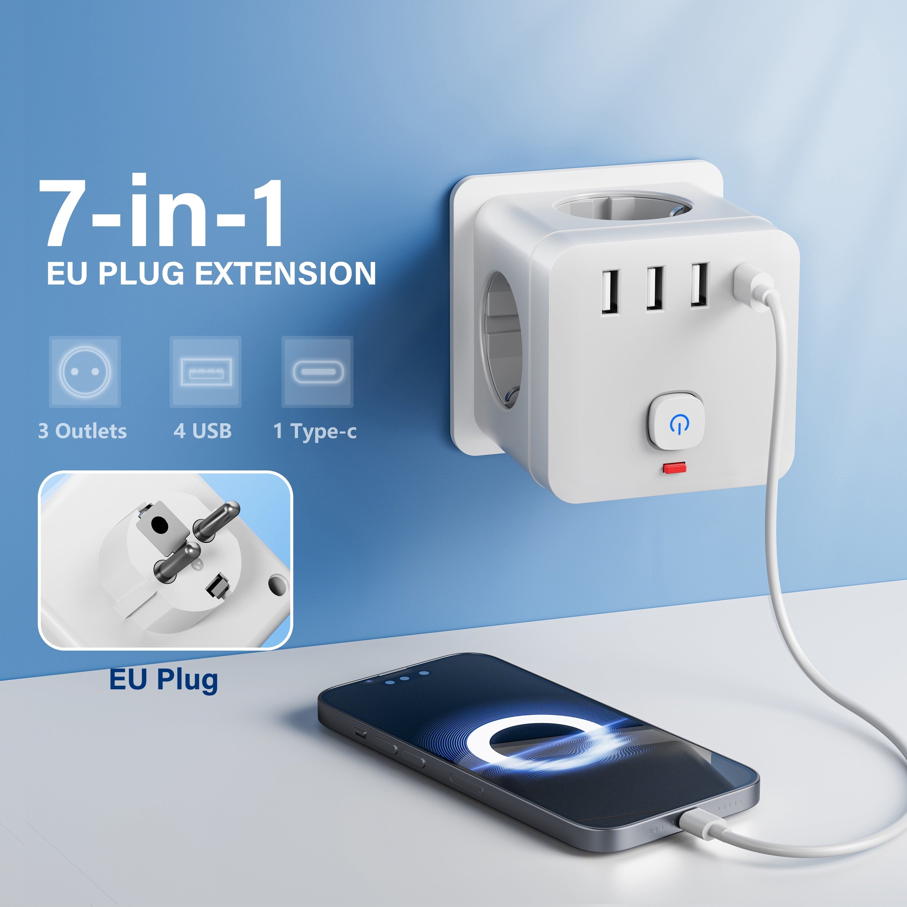 Multi-Functional Power Socket Extender with USB-C and USB Ports for Home Office Travel