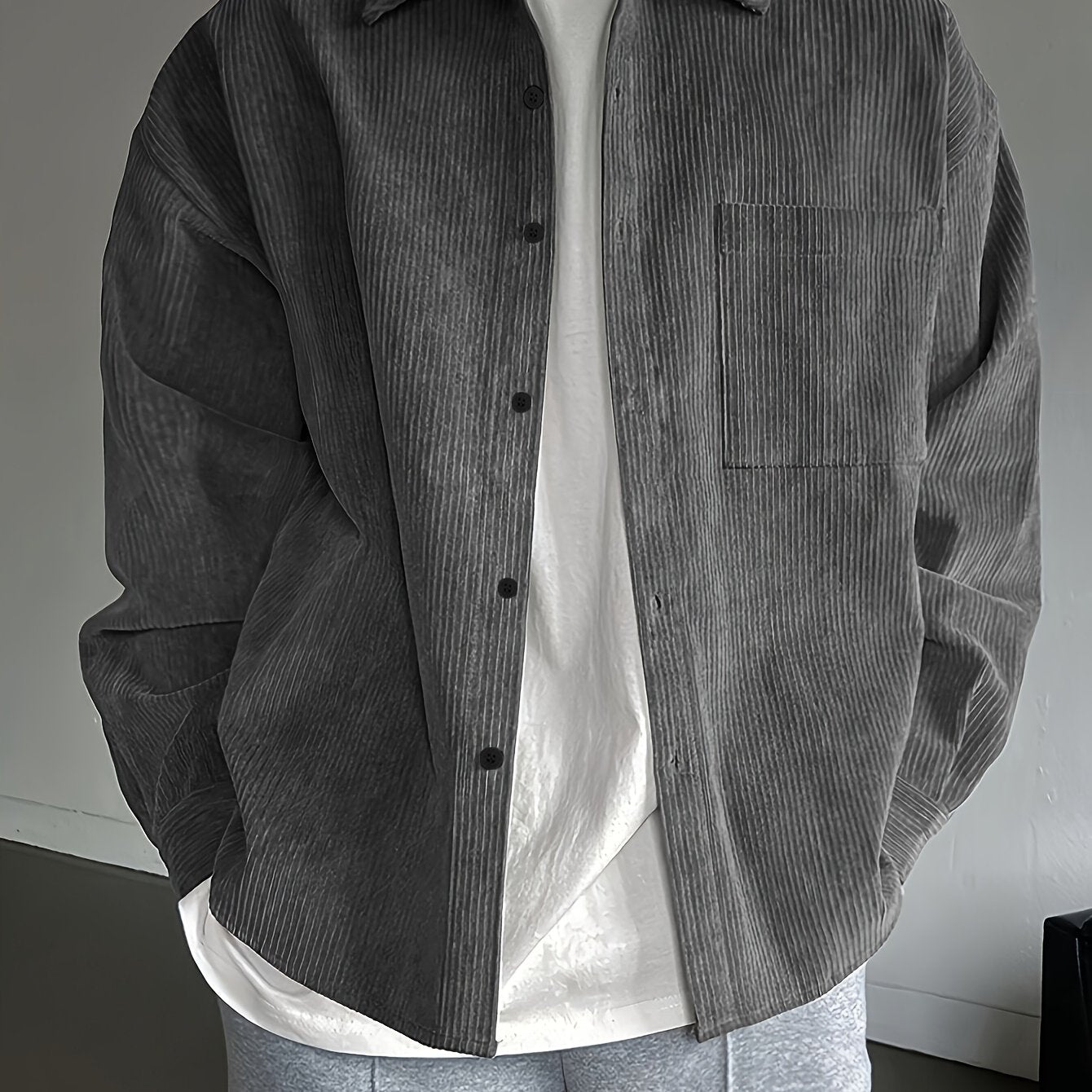 Men's Casual Corduroy Shirt Loose Fit Lapel Collar Chest Pocket 100% Polyester