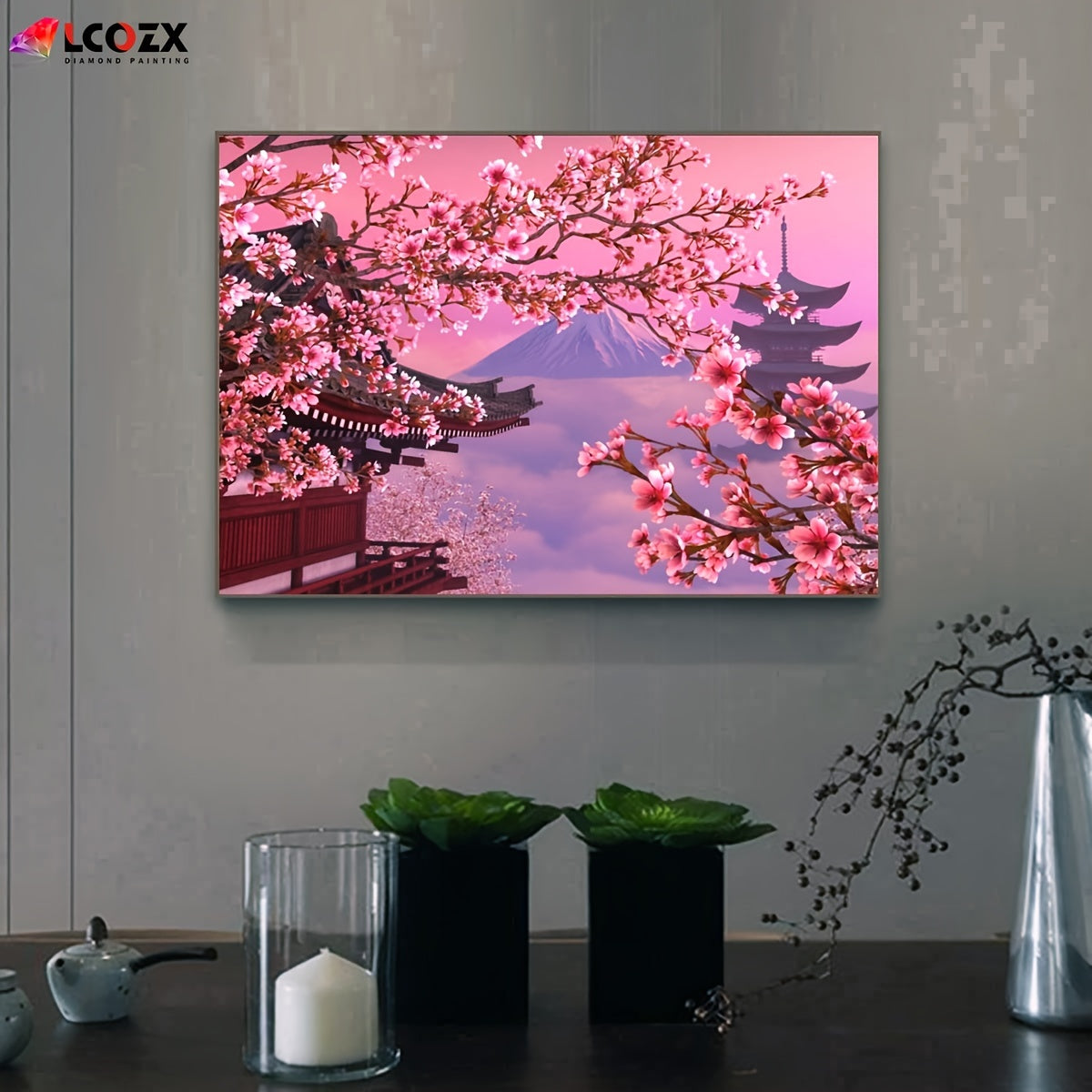 Artificial Diamond Painting Kit with Cherry Blossom and Fuji Mountain 29.97x39.88cm Pink Rhinestones