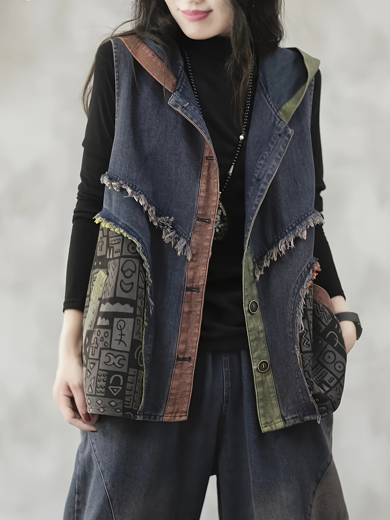 Women's Color Block Hooded Vest Oversized Casual Outerwear