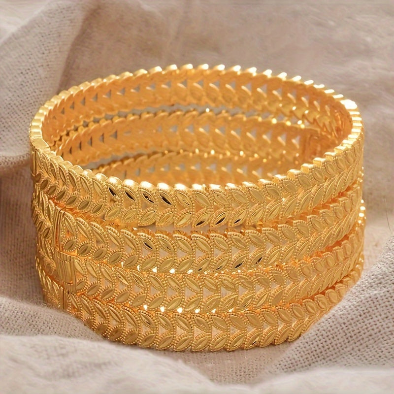 Set of Four Gold Plated Floral Bangle Bracelets for Women Wedding Party Ramadan