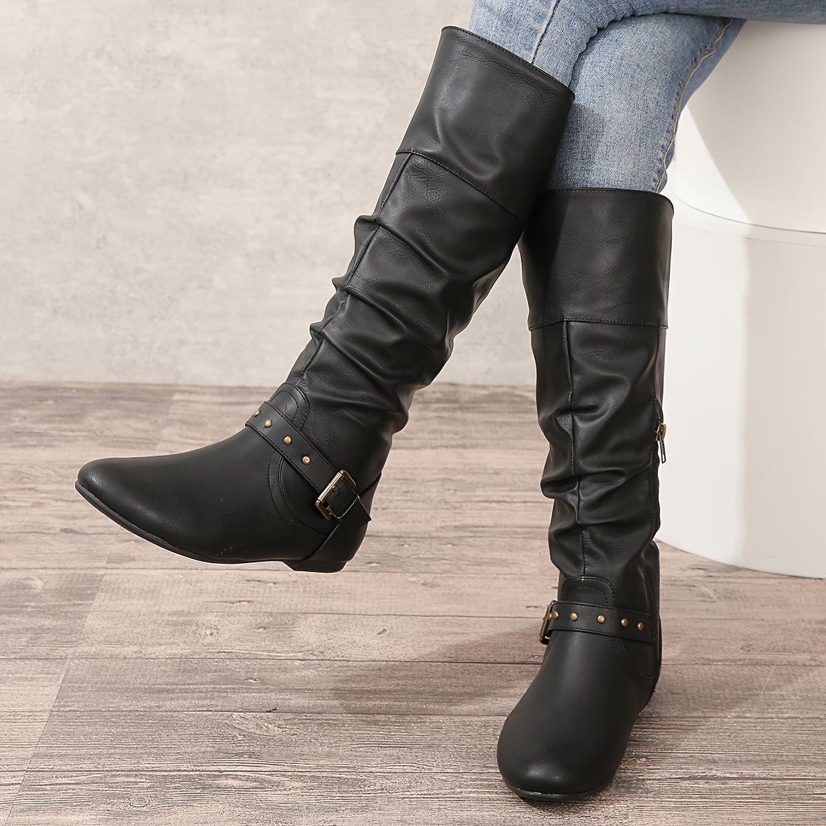 Women's Solid Color Mid-Calf Boots with Side Zipper and Buckle