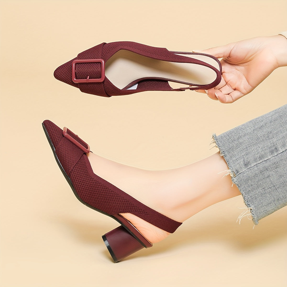 Women's Mid-Heel Pumps with Breathable Knit, Pointed Toe, Slip-On, Chunky Heel