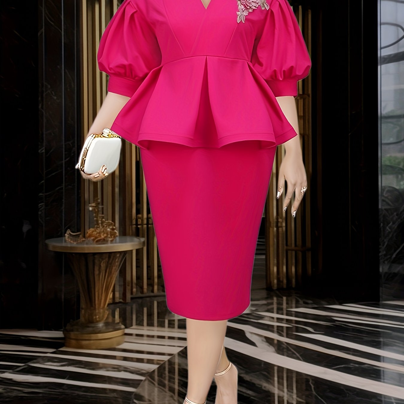 Women's Elegant V-Neck Puff Sleeve Ruffled Bodycon Dress for Parties