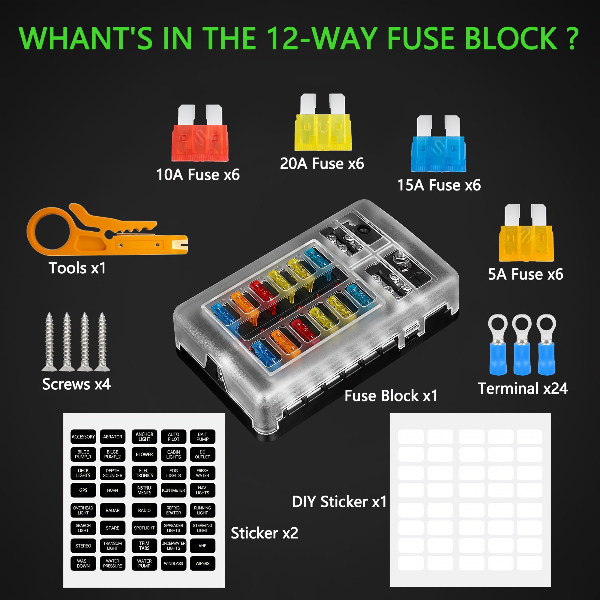 6/12 Blade Fuse Box with LED Indicator 12V Durable Flame-Retardant PBT