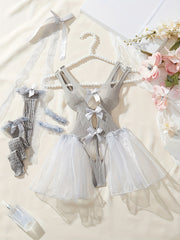 Women's Polyester Lace Bodysuit with No-Removal Bra Front Bow Side Support Solid Color