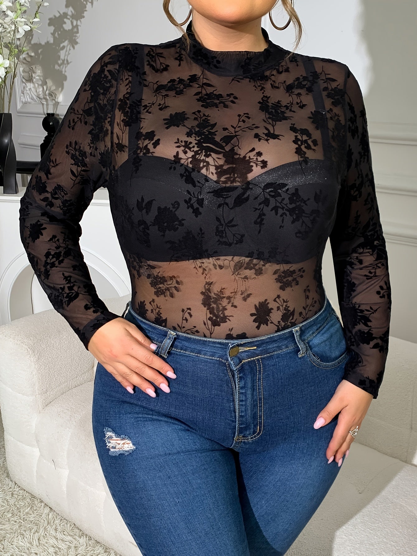 Women's Mesh Floral Bodysuit Plus Size Cutout Sexy}