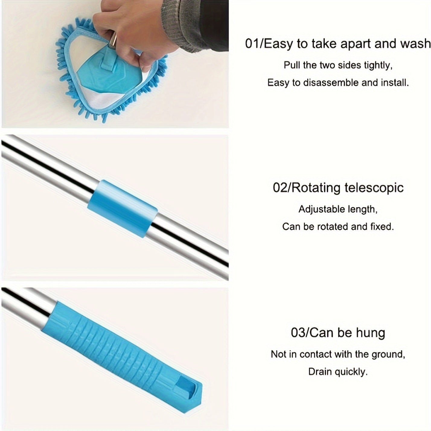 Набор треугольных швабр с поворотной головкой на 360°, выдвижной ручкой, идеален для влажной и сухой уборки полов, стен, плитки и автомобилей, не требует электричества, идеально подходит для уборки дома и кухни.