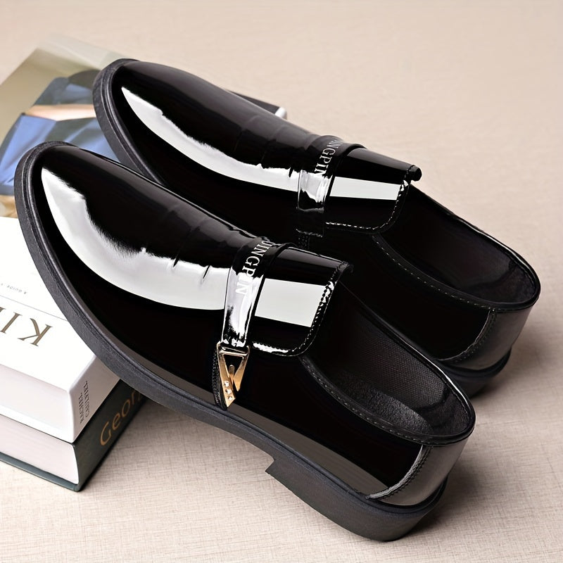 Men's Black Slip-On Business Casual Shoes with Pointed Toe and Gold Accents