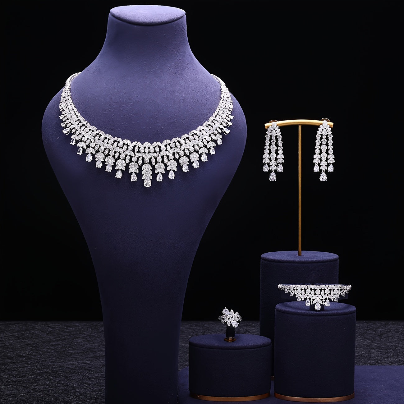 White Cubic Zirconia Bridal Jewelry Set Necklace Earrings Ring Gold Plated Wedding Accessories