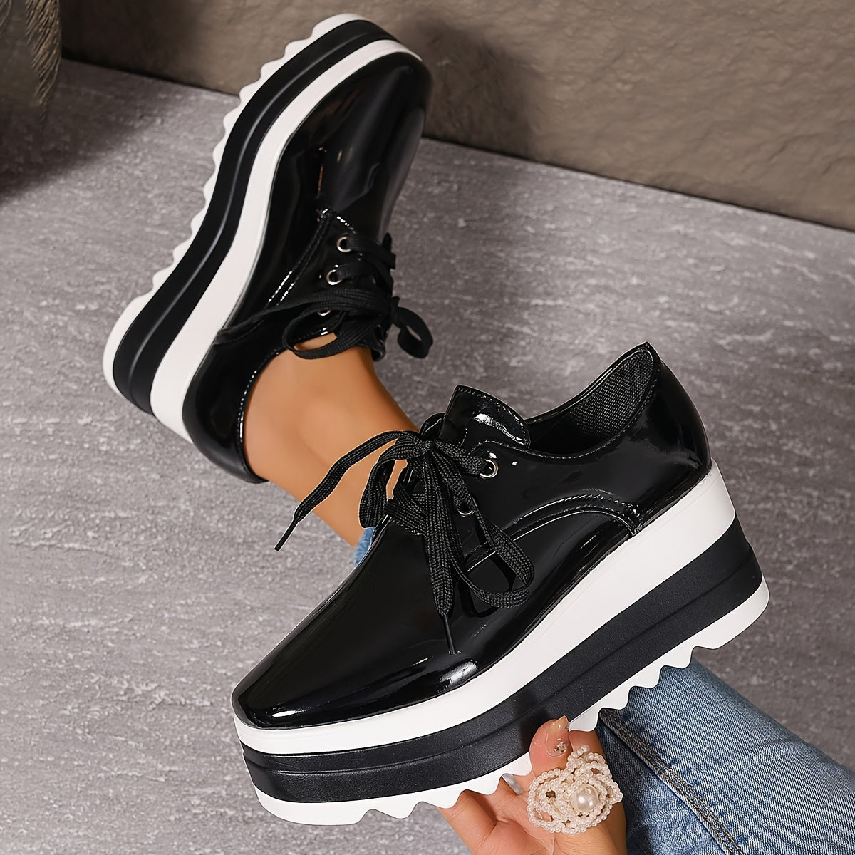 Women Square Toe Platform Shoes Thick Sole Non-Slip Lightweight