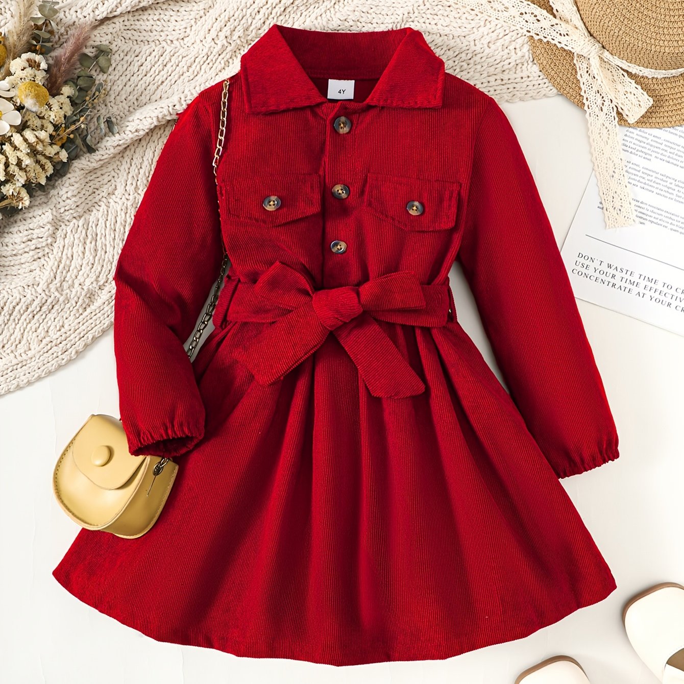 Toddler Girls Solid Midi Dress with Long Sleeves Bow Belt for Parties and Winter