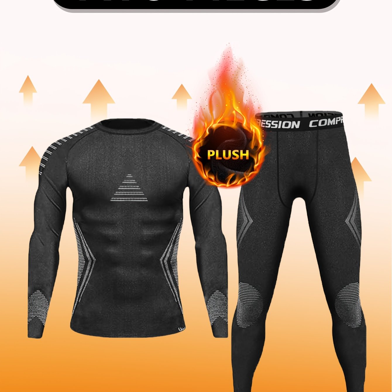 Men's Thermal Compression Set for Fall Winter Plush-Lined Top and Leggings High Stretch Polyester