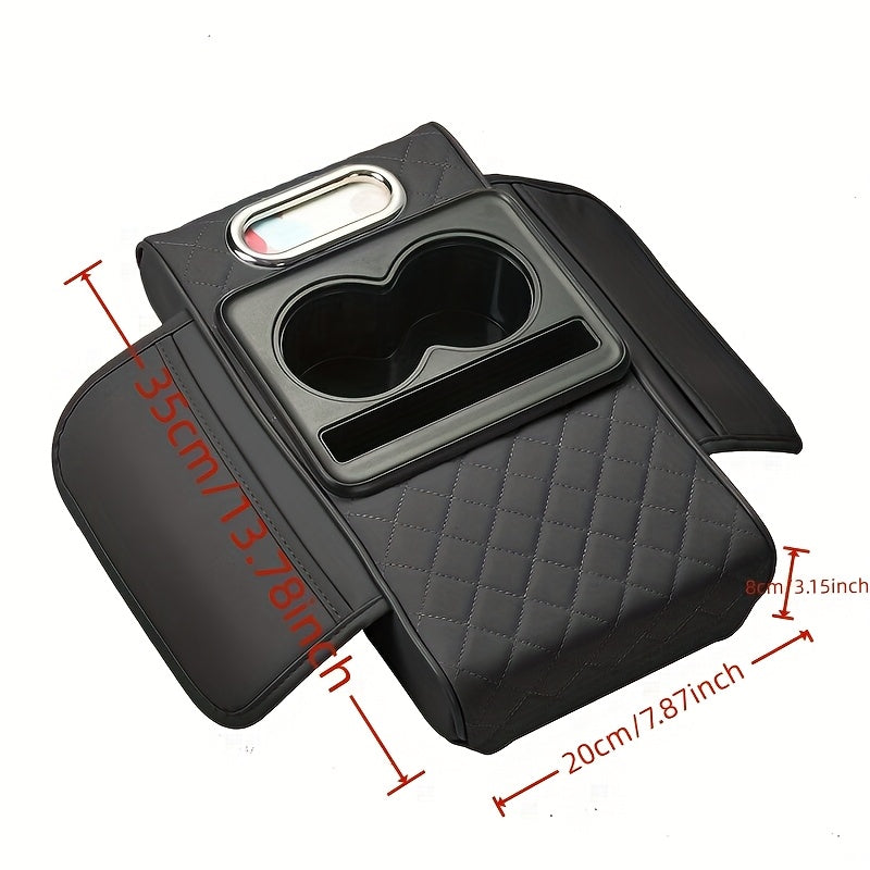 Faux Leather Car Armrest Storage Box Universal Fit All-Season Organizer for Water Cups Phones Tissues