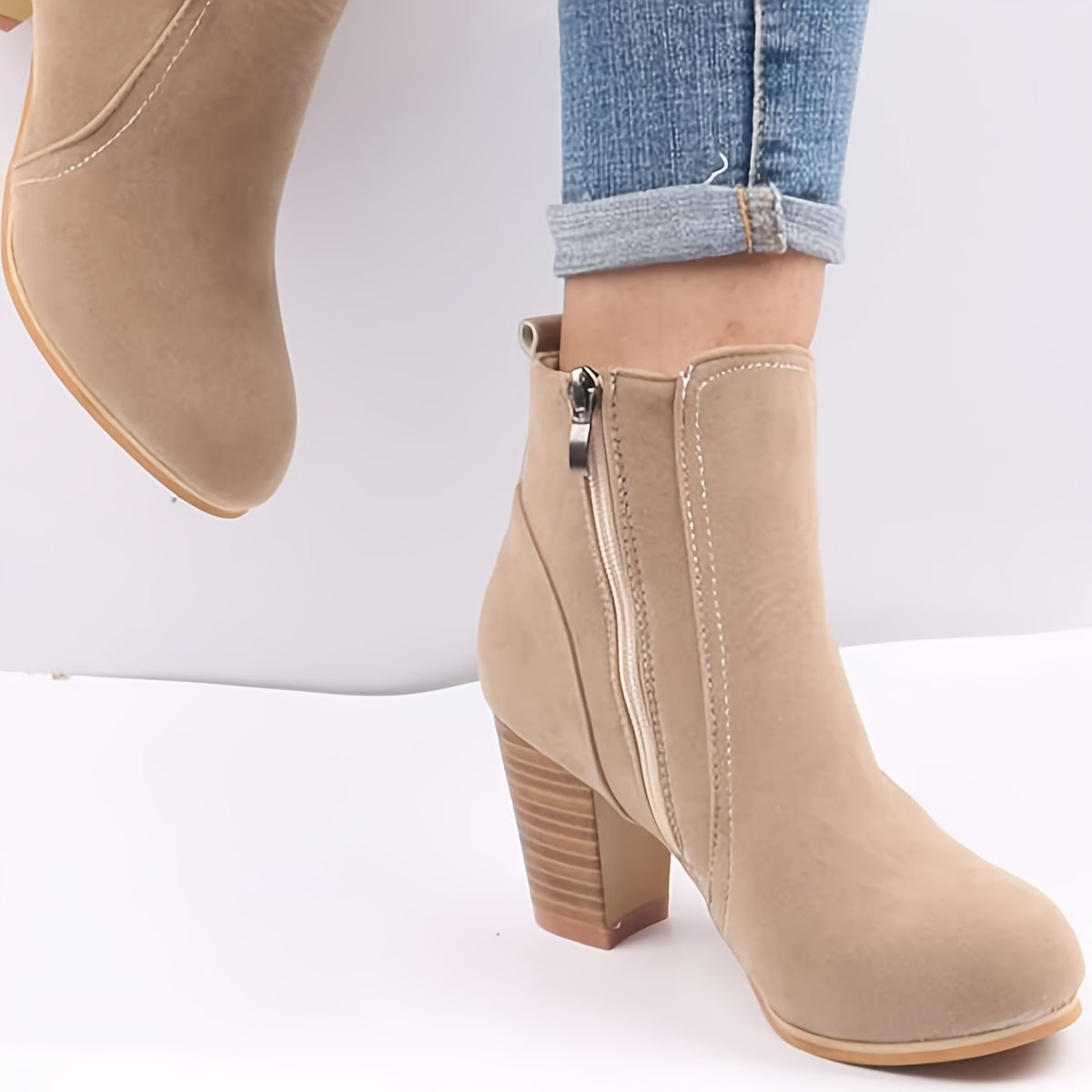Women's Winter Ankle Boots Beige Fabric Side Zipper Chunky Heel