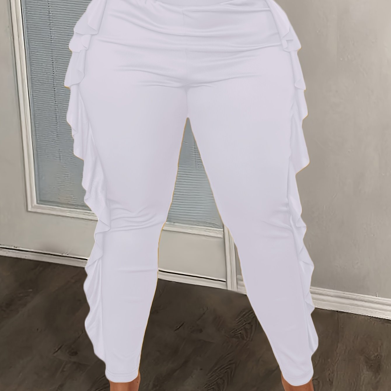 Women’s Knitted Slim Fit Trousers With Side Slit and Ruffles Plus Size