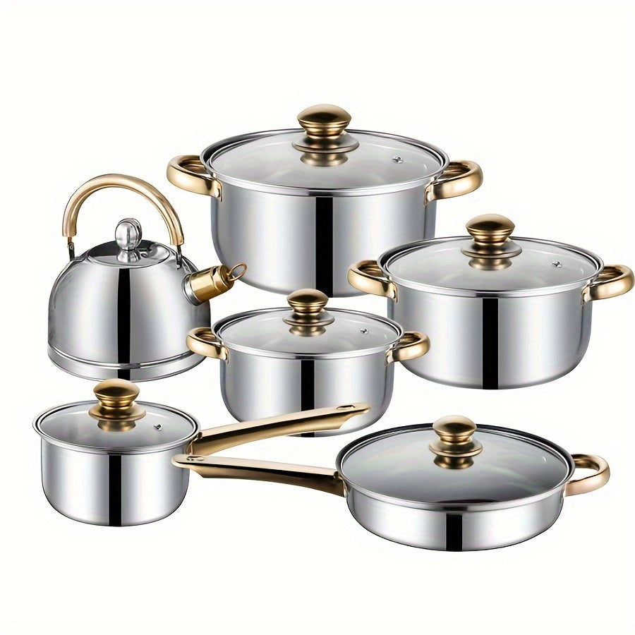12-Piece Stainless Steel Cookware Set with Golden Handles and Kettle