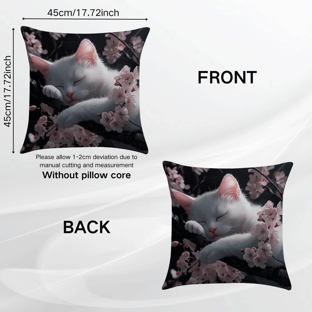White Cat and Cherry Blossom Cushion Cover 45cm Machine Washable Sofa Bedroom Decor