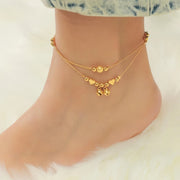 Gold Plated Double Strand Anklet for Women with Heart Charms and Bells